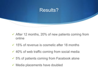 Results? 
 After 12 months, 20% of new patients coming from 
online 
 15% of revenue is cosmetic after 18 months 
 40% of web traffic coming from social media 
 5% of patients coming from Facebook alone 
 Media placements have doubled 
 