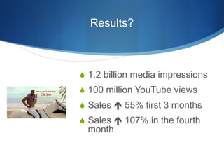 Results? 
 1.2 billion media impressions 
 100 million YouTube views 
 Sales  55% first 3 months 
 Sales  107% in th...