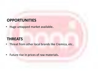  OPPORTUNITIESHuge untapped market available. THREATSThreat from other local brands like Cremica, etc..Future rise in prices of raw materials.