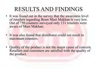 RESULTS AND FINDINGSIt was found out in the survey that the awareness level of retailers regarding Bonn Mast Makhan is very low. Out of 750 counters surveyed only 131 retailers were aware of Mast Makhan. It was also found that distributor could not reach to maximum counters.Quality of the product is not the major cause of concern. Retailers and customers are satisfied with the quality of the product.  