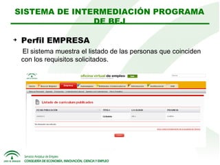 SISTEMA DE INTERMEDIACIÓN PROGRAMA
DE BEJ


Perfil EMPRESA
El sistema muestra el listado de las personas que coinciden
con los requisitos solicitados.

 