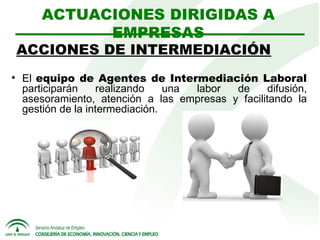 ACTUACIONES DIRIGIDAS A
EMPRESAS

ACCIONES DE INTERMEDIACIÓN


El equipo de Agentes de Intermediación Laboral
participarán
realizando
una
labor
de
difusión,
asesoramiento, atención a las empresas y facilitando la
gestión de la intermediación.

 