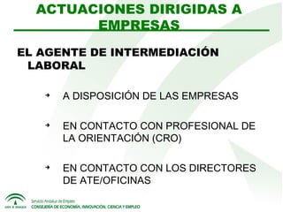 ACTUACIONES DIRIGIDAS A
EMPRESAS
EL AGENTE DE INTERMEDIACIÓN
LABORAL






A DISPOSICIÓN DE LAS EMPRESAS
EN CONTACTO CON PROFESIONAL DE
LA ORIENTACIÓN (CRO)
EN CONTACTO CON LOS DIRECTORES
DE ATE/OFICINAS

 