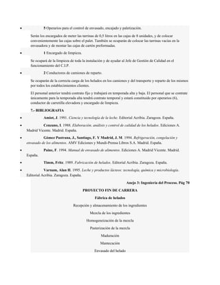 · 5 Operarios para el control de envasado, encajado y paletización. 
Serán los encargados de meter las tarrinas de 0,5 litros en las cajas de 8 unidades, y de colocar 
convenientemente las cajas sobre el palet. También se ocuparán de colocar las tarrinas vacías en la 
envasadora y de montar las cajas de cartón preformadas. 
· 1 Encargado de limpieza. 
Se ocupará de la limpieza de toda la instalación y de ayudar al Jefe de Gestión de Calidad en el 
funcionamiento del C.I.P. 
· 2 Conductores de camiones de reparto. 
Se ocuparán de la correcta carga de los helados en los camiones y del transporte y reparto de los mismos 
por todos los establecimientos clientes. 
El personal anterior tendrá contrato fijo y trabajará en temporada alta y baja. El personal que se contrate 
únicamente para la temporada alta tendrá contrato temporal y estará constituido por operarios (6), 
conductor de carretilla elevadora y encargado de limpieza. 
7.- BIBLIOGRAFIA 
· Amiot, J. 1991. Ciencia y tecnología de la leche. Editorial Acribia. Zaragoza. España. 
· Cenzano, I. 1988. Elaboración, análisis y control de calidad de los helados. Ediciones A. 
Madrid Vicente. Madrid. España. 
· Gómez Pastrana, J., Santiago, F. Y Madrid, J. M. 1994. Refrigeración, congelación y 
envasado de los alimentos. AMV Ediciones y Mundi-Prensa Libros S.A. Madrid. España. 
· Paine, F. 1994. Manual de envasado de alimentos. Ediciones A. Madrid Vicente. Madrid. 
España. 
· Timm, Fritz. 1989. Fabricación de helados. Editorial Acribia. Zaragoza. España. 
· Varnam, Alan H. 1995. Leche y productos lácteos: tecnología, química y microbiología. 
Editorial Acribia. Zaragoza. España. 
Anejo 3: Ingeniería del Proceso. Pág 70 
PROYECTO FIN DE CARRERA 
Fábrica de helados 
Recepción y almacenamiento de los ingredientes 
Mezcla de los ingredientes 
Homogeneización de la mezcla 
Pasterización de la mezcla 
Maduración 
Mantecación 
Envasado del helado 
 