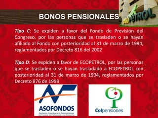 BONOS PENSIONALES
Tipo C: Se expiden a favor del Fondo de Previsión del
Congreso, por las personas que se trasladen o se hayan
afiliado al Fondo con posterioridad al 31 de marzo de 1994,
reglamentados por Decreto 816 del 2002
Tipo D: Se expiden a favor de ECOPETROL, por las personas
que se trasladen o se hayan trasladado a ECOPETROL con
posterioridad al 31 de marzo de 1994, reglamentados por
Decreto 876 de 1998
 