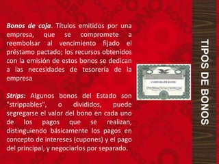 Bonos de caja. Títulos emitidos por una
empresa, que se compromete a
reembolsar al vencimiento fijado el
préstamo pactado; los recursos obtenidos
con la emisión de estos bonos se dedican
a las necesidades de tesorería de la
empresa
Strips: Algunos bonos del Estado son
"strippables", o divididos, puede
segregarse el valor del bono en cada uno
de los pagos que se realizan,
distinguiendo básicamente los pagos en
concepto de intereses (cupones) y el pago
del principal, y negociarlos por separado.
TIPOSDEBONOS
 