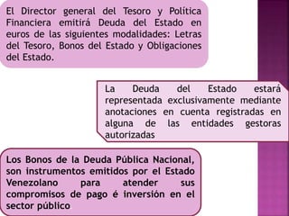 El Director general del Tesoro y Política
Financiera emitirá Deuda del Estado en
euros de las siguientes modalidades: Letras
del Tesoro, Bonos del Estado y Obligaciones
del Estado.
Los Bonos de la Deuda Pública Nacional,
son instrumentos emitidos por el Estado
Venezolano para atender sus
compromisos de pago é inversión en el
sector público.
La Deuda del Estado estará
representada exclusivamente mediante
anotaciones en cuenta registradas en
alguna de las entidades gestoras
autorizadas
 
