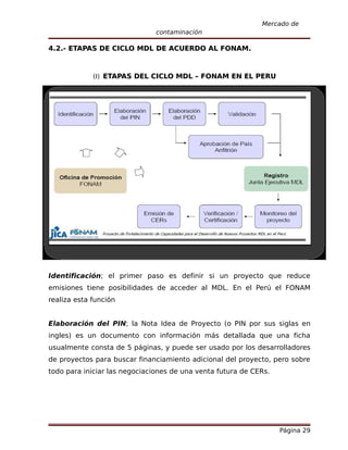 Mercado de
                               contaminación

4.2.- ETAPAS DE CICLO MDL DE ACUERDO AL FONAM.



             (I) ETAPAS DEL CICLO MDL – FONAM EN EL PERU




Identificación; el primer paso es definir si un proyecto que reduce
emisiones tiene posibilidades de acceder al MDL. En el Perú el FONAM
realiza esta función


Elaboración del PIN; la Nota Idea de Proyecto (o PIN por sus siglas en
ingles) es un documento con información más detallada que una ficha
usualmente consta de 5 páginas, y puede ser usado por los desarrolladores
de proyectos para buscar financiamiento adicional del proyecto, pero sobre
todo para iniciar las negociaciones de una venta futura de CERs.




                                                                   Página 29
 