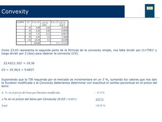 Convexity
           CUPÓN    CF V.A. CF     t.(t+1) V.A. CF. t.(t+1)
                                   mmV              m.m.V
                1    10     9,09        0,02           0,1818
                2    10     8,26        0,06           0,4958
                3    10     7,51        0,12           0,9015
                4    10     6,83         0,2           1,3660
                5   110    68,30         0,3           20,490
                          100,00                 Cx = 23,435


Como 23.43 representa la segunda parte de la fórmula de la convexity simple, nos falta dividir por (1+TIR)2 y
luego dividir por 2 (dos) para obtener la convexity (CV):


 23.43/(1.10)2 = 19.36

CV = 19.36/2 = 9.6837


Suponiendo que la TIR requerida por el mercado se incrementara en un 3 %, sumando los valores que nos dan
la Duration modificada y la Convexity deberíamos determinar con exactitud el cambio porcentual en el precio del
bono:

∆ % en el precio del bono por Duration modificada:                - 11.4 %
             +
∆ % en el precio del bono por Convexity (0.032 x 9.6837):          0.87 %

Total                                                              -10.55 %
 
