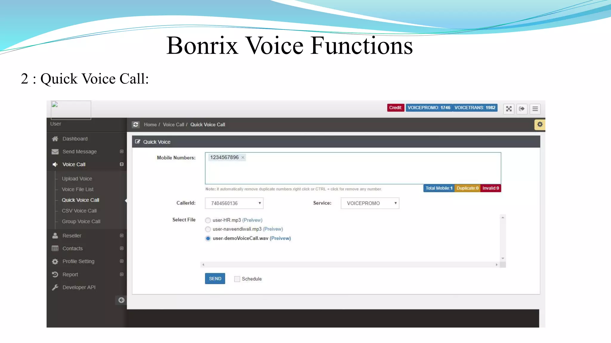 Bonrix Voice Functions
2 : Quick Voice Call:
 
