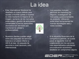 La idea
Eder International Solutions ha          Los paquetes incluyen
diseñado un nuevo método para            servicios de marketing de
ayudar a muchas pymes a superar          negocio, investigación de
la crisis mediante la mejora de su       mercados y posicionamiento
imagen, aumento de los mercados          de producto. Utilizando,
potenciales y gestión de actividades     entre otras herramientas las
comerciales a precios asequibles         nuevas tecnologías web y
asociados con servicios que              redes sociales.
mantienen la calidad y
profesionalidad.


Nuestros clientes pueden elegir          Si la situación financiera de la
entre dos paquetes de servicios          compañía lo permite, se puede
básicos a un precio inferior a           pasar al siguiente nivel de
400 € al mes. Un paquete de              colaboración con los servicios
servicios a nivel nacional y otro        más especializados solicitando
Internacional.                           una evaluación económica
                                         detallada sin compromiso alguno.
 