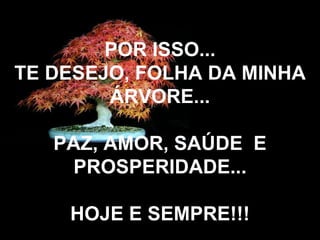 POR ISSO... TE DESEJO, FOLHA DA MINHA ÁRVORE... PAZ, AMOR, SAÚDE  E PROSPERIDADE... HOJE E SEMPRE!!! 