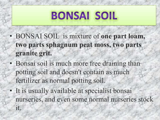 • BONSAI SOIL is mixture of one part loam,
two parts sphagnum peat moss, two parts
granite grit.
• Bonsai soil is much more free draining than
potting soil and doesn't contain as much
fertilizer as normal potting soil.
• It is usually available at specialist bonsai
nurseries, and even some normal nurseries stock
it.

 