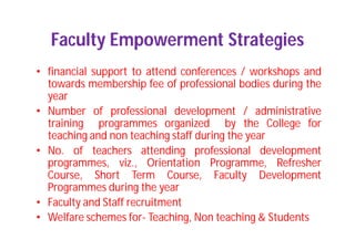 Faculty Empowerment Strategies
• financial support to attend conferences / workshops and
towards membership fee of professional bodies during the
year
• Number of professional development / administrative
training programmes organized by the College for
teaching and non teaching staff during the year
• No. of teachers attending professional development
programmes, viz., Orientation Programme, Refresher
Course, Short Term Course, Faculty Development
Programmes during the year
• Faculty and Staff recruitment
• Welfare schemes for- Teaching, Non teaching & Students
 