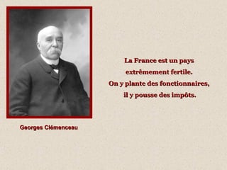 La France est un pays  extrêmement fertile.  On y plante des fonctionnaires,  il y pousse des impôts. Georges Clémenceau 
