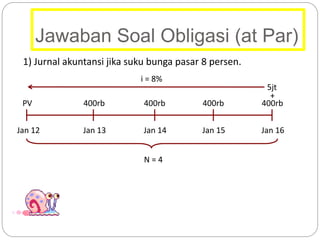 Jawaban Soal Obligasi (at Par)
1) Jurnal akuntansi jika suku bunga pasar 8 persen.
Jan 12 Jan 13 Jan 14 Jan 15 Jan 16
N = 4
PV 400rb 400rb 400rb 400rb
5jt
+
i = 8%
 