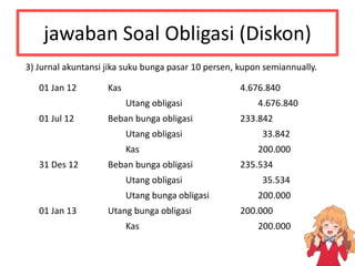 jawaban Soal Obligasi (Diskon)
3) Jurnal akuntansi jika suku bunga pasar 10 persen, kupon semiannually.
01 Jan 12 Kas 4.676.840
Utang obligasi 4.676.840
01 Jul 12 Beban bunga obligasi 233.842
Utang obligasi 33.842
Kas 200.000
31 Des 12 Beban bunga obligasi 235.534
Utang obligasi 35.534
Utang bunga obligasi 200.000
01 Jan 13 Utang bunga obligasi 200.000
Kas 200.000
 
