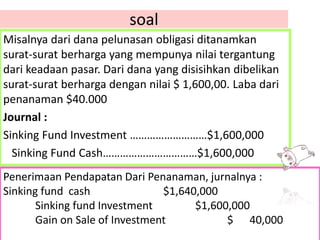soal
Misalnya dari dana pelunasan obligasi ditanamkan
surat-surat berharga yang mempunya nilai tergantung
dari keadaan pasar. Dari dana yang disisihkan dibelikan
surat-surat berharga dengan nilai $ 1,600,00. Laba dari
penanaman $40.000
Journal :
Sinking Fund Investment ………………………$1,600,000
Sinking Fund Cash……………………………$1,600,000
Penerimaan Pendapatan Dari Penanaman, jurnalnya :
Sinking fund cash $1,640,000
Sinking fund Investment $1,600,000
Gain on Sale of Investment $ 40,000
 