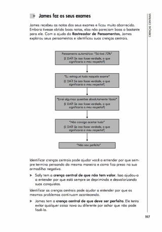 li' James faz os seus exames
Jomes recebeu as notas dos seus exames e ficou muito aborrecido.
Embora tivesse obtido boas notas, elas não pareciam boas o bastante
para ele. Com o ajuda do Rastreador de Pensamentos, James
explorou seus pensamentos e identificou suas crenças centrais.
Pensamento aufomófico: "Só tirei 72%"
(E DAl� Se isso fosse verdade, o que
significaria o meu respeitof)
'"Eu estroguei tudo naquele exame"
(E DAi, Se isso IoSS8 W5idode, o que
significaria o meu respeito')
"Errei algumas questões absolutamente fóceislf
(E DAl, Se isso fosse verdade, o que
significaria o meu respeitof)
"NOo consigo acertar tudo"
(E DAi, Se isso IoSS8 verdade, o que
significoria o meu respeito')
I
•
IfN60 sou perfeito"
Identificar crenças centrais pode ajudar você a entender por que sem­
pre termino pensando da mesmo maneira e como fico preso no sua
armadilha negativa.
.. Solly tem o crença central de que não tem valor. Isso ajudou-a
o entender por que estó sempre se deprimindo e desvalorizando
suas conquistas.
Identificar os crenças centrais pode ajudar o entender por que os
mesmos problemas continuam acontecendo.
... Jomes tem a crença central de que deve ser perfeito. Ele tento
evitor qualquer coiso novo ou diferente por achor que não pode
fazê-Ia.
107
 