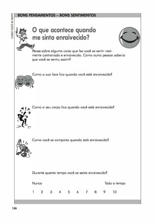 146
o que acontece quando
me sinto enraivecido?
sobre alguma coisa que fez você se sentir real-
mente contrariado e enraivecido. Como outra pessoa saberia
que você se sentiu assim?
Como o sua face fica quando você esló enraivecido?
.. ,
0 Como o seu corpo fico quando você esló enraivecido?
..
Como você se comporta quando estó enraivecido?
Durante quanto tempo você se sente enraivecido?
Nunca Todo o tempo
1 2 3 4 5 6 7 8 9 1 0
 