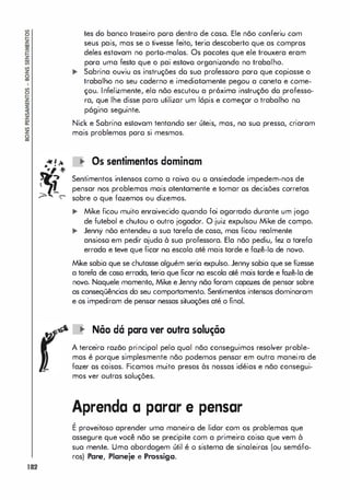 182
tes do banco traseiro pora dentro de caso. Ele não conferiu com
seus pais, mas se o tivesse feito, leria descoberto que as compras
deles estavam no porto-molos. Os pacotes que ele trouxera eram
para uma festa que o pai estavo organizando no trabalho.
... Sobrina ouviu as instruções do sua professora paro que copiasse o
trabalho no seu caderno e imediatamente pegou a caneta e come­
çou. Infelizmente, ela nõo escutou a próxima instrução do professo­
ra, que lhe disse para utilizar um lápis e começar o trabalho no
página seguinte.
Nick e Sobrina estavam tentando ser úteis, mas, na suo pressa, criaram
mais problemas poro si mesmos.
li' Os sentimentos dominam
Sentimentos intensos como a raiva ou o ansiedade impedem-nos de
pensar nos problemas mais atentamente e tomar os decisões corretas
sobre o que fazemos ou dizemos.
... Mike ficou muito enraivecido quando foi agarrado durante um jogo
de futebol e chutou o outro jogador. O juiz expulsou Mike de campo.
.. Jenny nõo entendeu o sua tarefa de casa, mas ficou realmente
ansioso em pedir ajudo à sua professora. Ela não pediu, fez a tarefa
errada e teve que ficar no escola até mais tarde e fazê-lo de novo.
Mike sabia que se chutasse alguém seria expulso. Jenny sobia que se f
IZesse
a tarefa de caso errada, teria que ficar na escola até mais tarde e fazê-Ia de
novo. Naquele momento, Mike eJenny não foram capazes de pensar sobre
as conseqüências do seu comportamento. Sentimentos intensos dominaram
e os impediram de pensor nessas situações até o final.
li' Não dá para ver outra solução
A terceiro razão principal pela qual não conseguimos resolver proble­
mas é porque simplesmente não podemos pensar em outra maneira de
fazer os coisas. Ficamos muito presos às nossas idéias e não consegui­
mos ver outras soluções.
Aprenda a parar e pensar
,
E proveitoso aprender uma maneiro de lidar com os problemas que
assegure que você não se precipite com a primeira coisa que vem à
sua mente. Uma abordagem útil é o sistema de sinaleiros (ou semáfo­
ros) Pare, Planeje e Prossiga.
 
