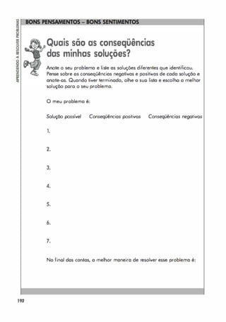 192
Quais são as conseqüências
das minhas soluções?
Anote o seu problema e liste as soluções diferentes que identificou.
Pense sobre os conseqüências negativas e positivas de cada solução e
anote-os. Quando tiver terminado, olhe a suo lista e escolho a melhor
solução poro o seu problema.
o meu problema é:
Solução possível Conseqüências positivos Conseqüências negotivos
1.
2.
3.
4.
s.
6.
7.
No finol dos contas, a melhor maneira de resolver esse problema é:
 