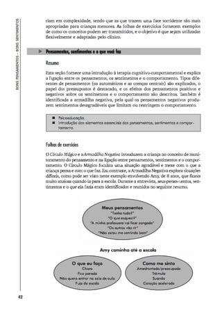 42
riam em complexidade, sendo que as que trazem uma face sorridente são mais
apropriadas para crianças menores. As folhas de exercícios fornecem exemplos
de como os conceitos podem ser transmitidos, e o objetivo é que sejam utilizadas
flexivelmente e adaptadas pelo clínico.
Resumo
Esta seção fornece uma introdução à terapia cognitivo-comportamental e explica
a ligação entre os pensamentos, os sentimentos e o comportamento. Tipos dife­
rentes de pensamentos (os automáticos e as crenças centrais) são explicados, o
papel dos pressupostos é destacado, e os efeitos dos pensamentos positivos e
negativos sobre os sentimentos e o comportamento são descritos. Também é
identificada a armadilha negativa, pela qual os pensamentos negativos produ­
zem sentimentos desagradáveis que limitam ou restringem o comportamento.
• Psicoeducoção.
• Introdução dos elementos essenciois dos pensomentos, sentimentos e compor­
tomento.
Folhas de exercídos
o Círculo Mágico e aArmadilhaNegativa introduzem a criança no conceito de moni­
toramento do pensamento e na ligação entre pensamentos, sentimentos e o compor­
tamento. O Círculo Mágico focaliza uma situação agradável e mexe com o que a
criançapensae com o que faz. Emcontraste, aArmadilhaNegativaexplora situações
difíceis, como pode ser visto neste exemplo envolvendo Amy, de 8 anos, que ficava
muito ansiosa quando ia para a escola. Durante a entrevista, seus pensamentos, sen­
timentos e o que ela fazi
a eram identificados e reunidos no seguinte resumo.
Meus pensailbentos
"Tenho tudo''''
'"O que esquecW
·
A minho piof::� voi ficor zongodo"
.0, 0Itr0$ vOo rir"
-Nao _tou me sentindo bem·
Amy caminha até a escola
o que eu foc;o
Ch�
Fito porodo
Nau quero .nltor no $(110 de oulo
Fujo do eKoIo
Como me sinto
AmedrontodoJpreocupodo
Trtmulo
Suondo
CoroçOo ocel.rodo
 