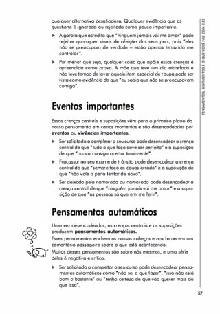 qualquer alternativa desafiadoro. Qualquer evidêncio que as
questione é ignorada ou rejeitada como pouco importante.
... A gorota que acredita que "ninguém jamais vai me amar" pode
rejeitar quaisquer sinais de afeição dos seus pais, pois "eles
não se preocupam de verdade - estão apenas tentondo me
controlar".
... Por menor que sejo, qualquer coisa que apóie essas crenças é
apreendida como provo. A mãe que teve um dio atorefado e
não teve tempo de lavar aquele item especial de roupa pode ser
vista como evidêncio de que "eu sobia que não se preocupavam
comigo".
Eventos importantes
Essas crenças centrais e suposições vêm para o primeiro plono do
nosso pensomento em certos momentos e são desencadeadas por
eventos ou vivências importantes.
... Sersolicitado a completaro seu curso pode desencadeara crença
central de que "tudo o que faço deve ser perfeito" e a suposição
de que "nunca consigo acertar totalmente".
... Fracassar no seu exame de trônsito pode desencadear o crença
central de que "sempre faço as coisas errado" e a suposição de
que "não vale a pena tentar de novo".
... Ser deixado pelo namorada ou namorado pode desencadear a
crença central de que "ninguém jamais vai me amar" e o supo­
sição de que "as pessoas só querem me ferir".
Pensamentos automáticos
Uma vez desencadeadas, as crenças centrais e as suposições
produzem pensamentos autom6ticos.
Esses pensamentos enchem as nossos cabeças e nos fornecem um
comentário passageiro sobre o que está acontecendo.
Muitos desses pensamentos são sobre nós mesmos, e uma série
deles é negativo e crítica.
... Ser solicitado a completar o seu curso pode desencadear pensa­
mentos automáticos como "não sei o que fazer", "isso não está
bom o bastante" ou "tenho certeza de que vão querer mais do
que isso".
57
 