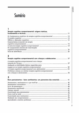Sumário
1
Terapia cognitivo·comportamental: origens teóricas,
fundamentos e técnicas........................................................................•••••••••••••••••••••••
Os fundamentos empíricos da terapia cognitivo-comportarnental •••••••••••••••••••••••••••••••••
O modelo cognitivo ........................................................................................................
Défi> d>
- »
Clts e lStorçoes cogrutlvas .......... .............................................................................
características essenciais da terapia
cognitivo-comportamental ..............................................................................................
A meta da terapia cognitivo-comportamental
Os componentes centrais das intervenções
••••••••••••••••••••••••••••••••••••••••••••••••••••••••••••••••
cognitivo-comportamentais
Nota de advertência
••••••••••••••••••••••••••••••••••••••••••••••••••••••••••••••••••••••••••••••••••••••••••••
.......................................................................................................
2
Terapia cognitivo·comportamental com crianCjas e adolescentes .........................
A terapia cognitivo-comportamental com crianças
menores de 12 anos ........................................................................................................
Avaliando as habilidades básicas requeridas para
engajar-se na terapia cognitivo-comportamental •••••••••••••••••••••••••••••••••••••••••••••••••••••••••••
.................................................
A terapia cognitivo-comportamental com adolescentes
Problemas comuns ao realizar terapia cognitivo-comportamental
com crianças e adolescentes .............. .............................................................................
3
Bons pensamentos bons sentimentos: um panorama dos materiais .................
Pensamentos, sentimentos e o que você faz •••••••••••••••••••••••••••••••••••••••••••••••••••••••••••••••••••
Pensamentos automáticos ...............................................................................................
Erros de pensamento .................................•••••••••••••••••••••••••••••••••••••••••••••••••••••••••••••••••••••
.................................................................................................
Pensamento equilibrado
Crenças centrais •••••••••••••••••••••••••••••••••••••••••••••••••••••••••••••••••••••••••••••••••••••••••••••••••••••••••••••
......................................................................................
Controlando seus pensamentos
Como você se sente ••••••••••••••••••••••••••••••••••••••••••••••••••••••••••••••••••••••••••••••••••••••••••••••••••••••••
Controlando seus sentimentos
Mudando seu comportamento
........................................................................................
••••••••••••••••••••••••••••••••••••••••••••••••••••••••••••••••••••••••••••••••••••••••
Aprendendo a resolver problemas ..................................................................................
11
12
14
15
16
18
19
23
27
27
29
33
36
41
42
43
44
45
45
46
47
48
49
50
o
>�
a
7
 