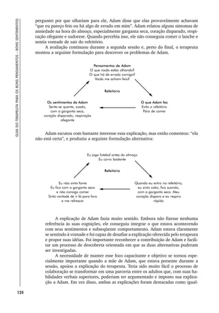 124
GUIA
DO
TERAPEUTA
PARA
OS
BONS
PENSAMENTOS
–
BONS
SENTIMENTOS
perguntei por que olhariam para ele, Adam disse que elas provavelmente achavam
“que eu pareço feio ou há algo de errado em mim”. Adam relatou alguns sintomas de
ansiedade na hora do almoço, especialmente garganta seca, coração disparado, respi-
ração ofegante e sudorese. Quando percebia isso, ele não conseguia comer o lanche e
sentia vontade de sair do refeitório.
A avaliação continuou durante a segunda sessão e, perto do final, o terapeuta
montou a seguinte formulação para descrever os problemas de Adam.
Adam escutou com bastante interesse essa explicação, mas então comentou: “ela
não está certa”, e produziu a seguinte formulação alternativa:
Os sentimentos de Adam
Sente-se quente, suado,
com a garganta seca,
coração disparado, respiração
ofegante
Pensamentos de Adam
O que vocês estão olhando?
O que há de errado comigo?
Vocês me acham feio?
Refeitório
O que Adam faz
Evita o refeitório
Pára de comer
A explicação de Adam fazia muito sentido. Embora não fizesse nenhuma
referência às suas cognições, ele conseguiu integrar o que estava acontecendo
com seus sentimentos e subseqüente comportamento. Adam estava claramente
se sentindo à vontade e foi capaz de desafiar a explicação oferecida pelo terapeuta
e propor suas idéias. Foi importante reconhecer a contribuição de Adam e facili-
tar um processo de descoberta orientada em que as duas alternativas puderam
ser investigadas.
A necessidade de manter esse foco capacitante e objetivo se tornou espe-
cialmente importante quando a mãe de Adam, que estava presente durante a
sessão, apoiou a explicação do terapeuta. Teria sido muito fácil o processo de
colaboração se transformar em uma parceria entre os adultos que, com suas ha-
bilidades verbais superiores, poderiam ter argumentado e imposto sua explica-
ção a Adam. Em vez disso, ambas as explicações foram destacadas como igual-
Quando eu entro no refeitório,
eu sinto calor, fico suando,
com a garganta seca. Meu
coração dispara e eu respiro
rápido
Eu jogo futebol antes do almoço
Eu corro bastante
Refeitório
Eu não sinto fome
Eu fico com a garganta seca
e não consigo comer
Sinto vontade de ir lá para fora
e me refrescar
 