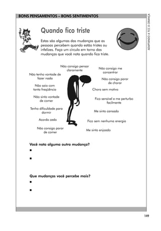 149
ADAPTANDO
A
TCC
À
CRIANÇA
BONS PENSAMENTOS – BONS SENTIMENTOS
Quando fico triste
Estas são algumas das mudanças que as
pessoas percebem quando estão tristes ou
infelizes. Faça um círculo em torno das
mudanças que você nota quando fica triste.
Você nota alguma outra mudança?


Que mudanças você percebe mais?


Não consigo pensar
claramente
Me sinto enjoado
Não consigo me
concentrar
Não tenho vontade de
fazer nada Não consigo parar
de chorar
Não saio com
tanta freqüência Choro sem motivo
Não sinto vontade
de comer
Fico sensível e me perturbo
facilmente
Tenho dificuldade para
dormir Me sinto cansado
Acordo cedo Fico sem nenhuma energia
Não consigo parar
de comer
 