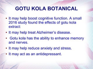 GOTU KOLA BOTANICAL
● It may help boost cognitive function. A small
2016 study found the effects of gotu kola
extract:
● It may help treat Alzheimer’s disease.
● Gotu kola has the ability to enhance memory
and nerves.
● It may help reduce anxiety and stress.
● It may act as an antidepressant.
 