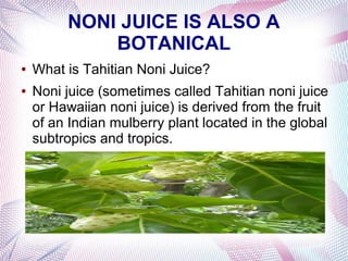 NONI JUICE IS ALSO A
BOTANICAL
● What is Tahitian Noni Juice?
● Noni juice (sometimes called Tahitian noni juice
or Hawaiian noni juice) is derived from the fruit
of an Indian mulberry plant located in the global
subtropics and tropics.
 