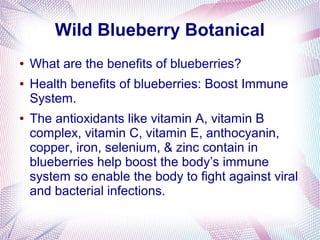 Wild Blueberry Botanical
● What are the benefits of blueberries?
● Health benefits of blueberries: Boost Immune
System.
● The antioxidants like vitamin A, vitamin B
complex, vitamin C, vitamin E, anthocyanin,
copper, iron, selenium, & zinc contain in
blueberries help boost the body’s immune
system so enable the body to fight against viral
and bacterial infections.
 