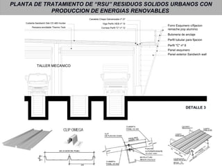 TALLER MECANICO
Cubierta Sandwich Dek CD 460 Hunter Viga Perfin HEB nº 14
Buloneria de anclaje
Panel exterior Sandwich wall
Perfil tubular para fijacion
Correas Perfil "C" nº 12
Forro Esquinero c/fijacion
remache pop aluminio
Canaleta Chapa Galvanizada nº 27
Persiana enrollable Thermo Teck
Perfil "C" nº 8
Panel esquinero
PLANTA DE TRATAMIENTO DE “RSU” RESIDUOS SOLIDOS URBANOS CON
PRODUCCION DE ENERGIAS RENOVABLES
DETALLE 3
 