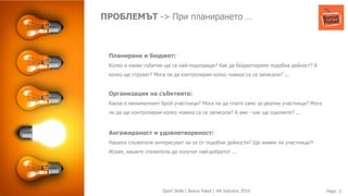 27-Aug-19 Page: 3Sport Skills | Bonus Paket | HR Industry 2019
Планиране и бюджет:
Колко и какви събития ще са най-подходящи? Как да бюджетирамe подобна дейност? А
колко ще струват? Мога ли да контролирам колко човека са се записали? ...
Организация на събитията:
Какъв е минималният брой участници? Мога ли да платя само за реални участници? Мога
ли да ще контролирам колко човека са се записали? А вие - как ще оцелеете? ...
Ангажираност и удовлетвореност:
Нашите служители интересуват ли се от подобни дейности? Ще имаме ли участници?!
Искам, нашите служители да получат най-доброто! ...
ПРОБЛЕМЪТ -> При планирането …
 