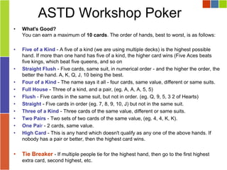 ASTD Workshop Poker
•   What's Good?
    You can earn a maximum of 10 cards. The order of hands, best to worst, is as follows:

•   Five of a Kind - A five of a kind (we are using multiple decks) is the highest possible
    hand. If more than one hand has five of a kind, the higher card wins (Five Aces beats
    five kings, which beat five queens, and so on
•   Straight Flush - Five cards, same suit, in numerical order - and the higher the order, the
    better the hand. A, K, Q, J, 10 being the best.
•   Four of a Kind - The name says it all - four cards, same value, different or same suits.
•   Full House - Three of a kind, and a pair, (eg. A, A, A, 5, 5)
•   Flush - Five cards in the same suit, but not in order. (eg. Q, 9, 5, 3 2 of Hearts)
•   Straight - Five cards in order (eg. 7, 8, 9, 10, J) but not in the same suit.
•   Three of a Kind - Three cards of the same value, different or same suits.
•   Two Pairs - Two sets of two cards of the same value, (eg. 4, 4, K, K).
•   One Pair - 2 cards, same value.
•   High Card - This is any hand which doesn't qualify as any one of the above hands. If
    nobody has a pair or better, then the highest card wins.


•   Tie Breaker - If multiple people tie for the highest hand, then go to the first highest
    extra card, second highest, etc.
 