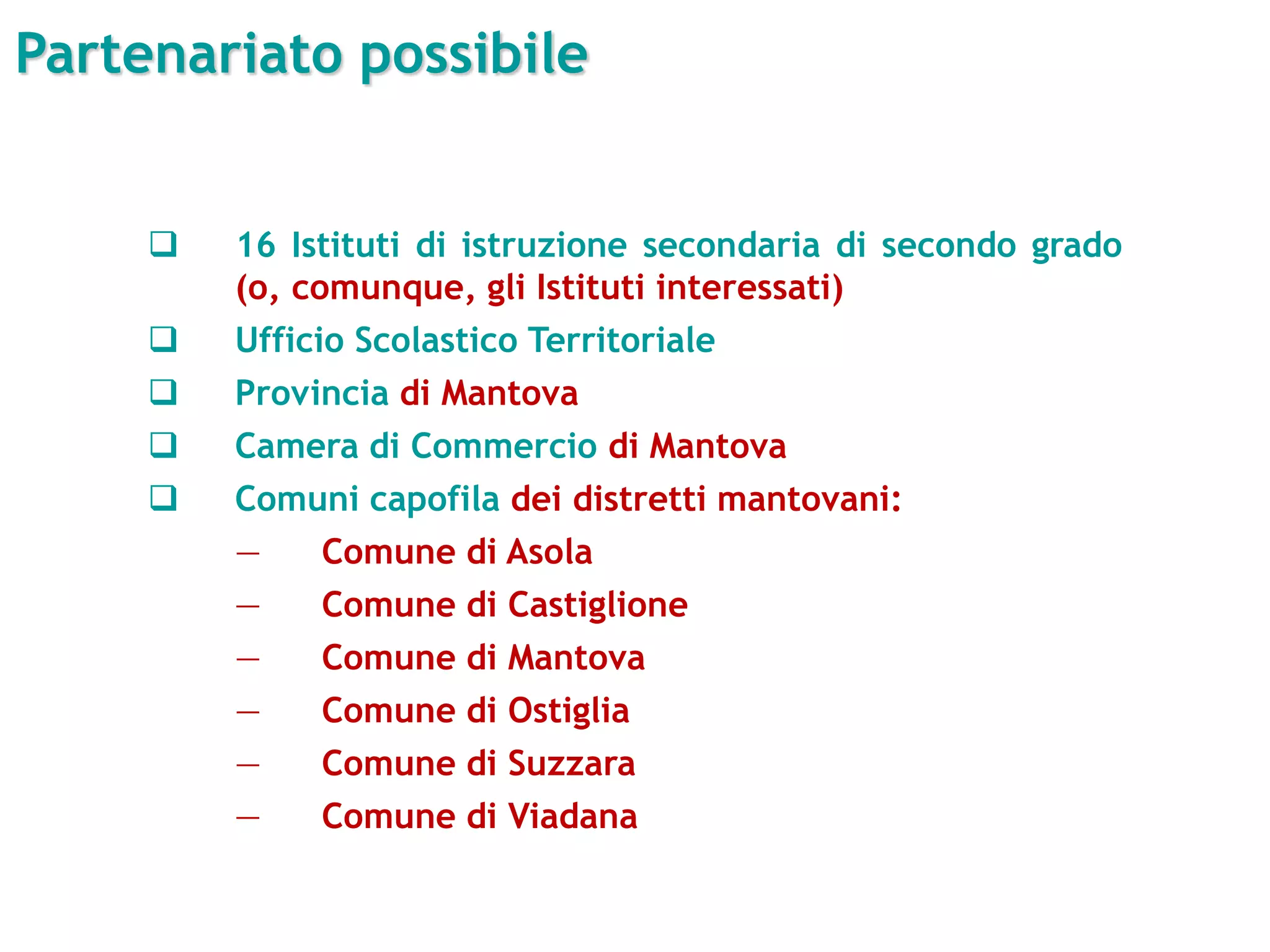 Partenariato possibile
 16 Istituti di istruzione secondaria di secondo grado
(o, comunque, gli Istituti interessati)
 Ufficio Scolastico Territoriale
 Provincia di Mantova
 Camera di Commercio di Mantova
 Comuni capofila dei distretti mantovani:
— Comune di Asola
— Comune di Castiglione
— Comune di Mantova
— Comune di Ostiglia
— Comune di Suzzara
— Comune di Viadana
 
