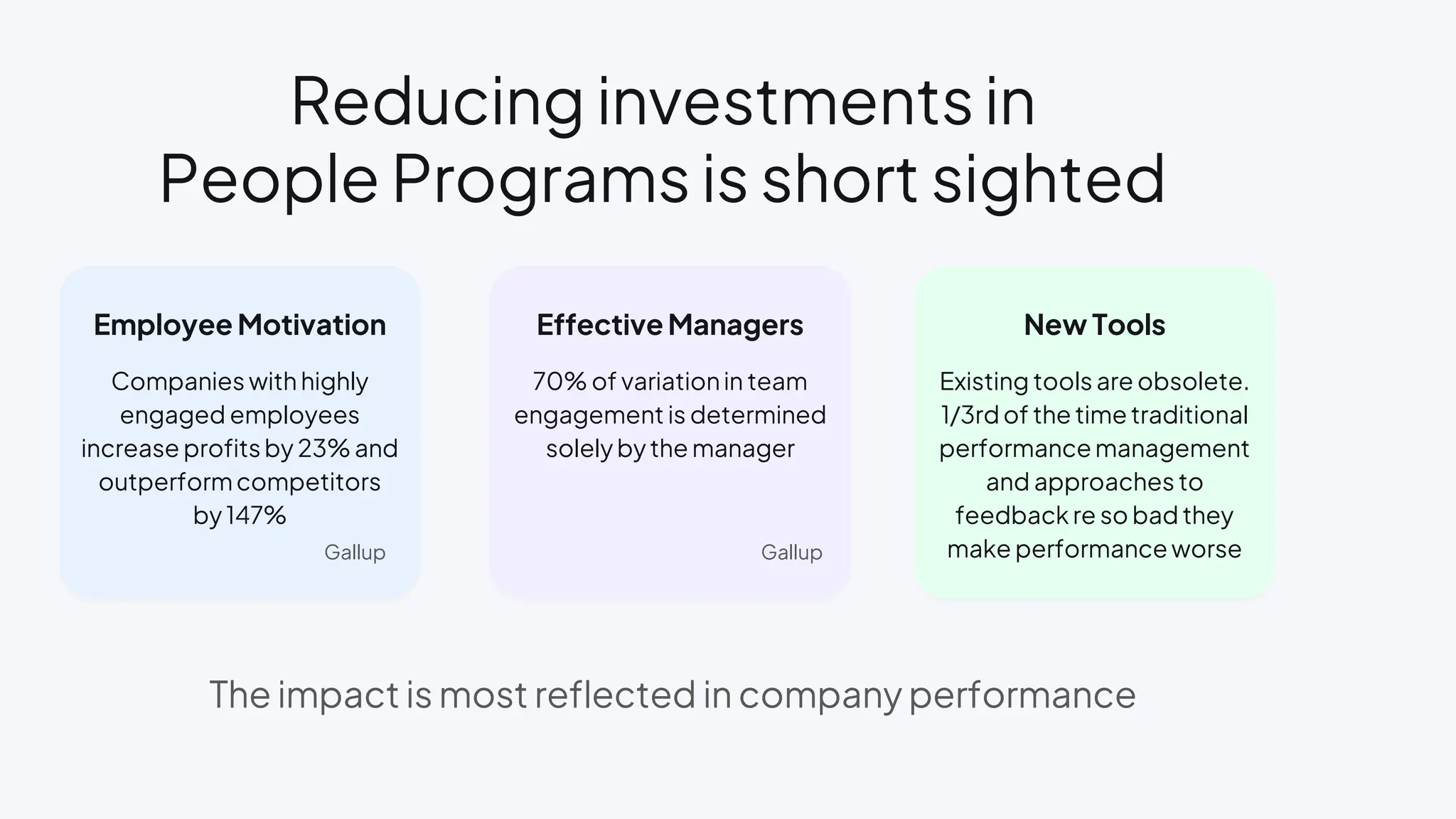 Reducing investments in
People Programs is short sighted
Employee Motivation
Companies with highly
engaged employees
increase profits by 23% and
outperformcompetitors
by 147%
Effective Managers
70% of variationin team
engagement is determined
solely by the manager
New Tools
Existing tools are obsolete.
1/3rd of the time traditional
performance management
and approaches to
feedback re so bad they
make performance worse
The impact is most reflected in company performance
Gallup Gallup
 