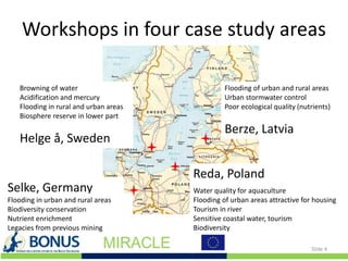Workshops in four case study areas
Slide 4
Selke, Germany
Flooding in urban and rural areas
Biodiversity conservation
Nutrient enrichment
Legacies from previous mining
Reda, Poland
Water quality for aquaculture
Flooding of urban areas attractive for housing
Tourism in river
Sensitive coastal water, tourism
Biodiversity
Flooding of urban and rural areas
Urban stormwater control
Poor ecological quality (nutrients)
Berze, Latvia
Browning of water
Acidification and mercury
Flooding in rural and urban areas
Biosphere reserve in lower part
Helge å, Sweden
 