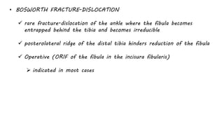 • BOSWORTH FRACTURE-DISLOCATION
 rare fracture-dislocation of the ankle where the fibula becomes
entrapped behind the tibia and becomes irreducible
 posterolateral ridge of the distal tibia hinders reduction of the fibula
 Operative (ORIF of the fibula in the incisura fibularis)
 indicated in most cases
 