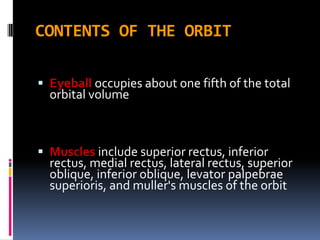 CONTENTS OF THE ORBIT
 Eyeball occupies about one fifth of the total
orbital volume
 Muscles include superior rectus, inferior
rectus, medial rectus, lateral rectus, superior
oblique, inferior oblique, levator palpebrae
superioris, and muller's muscles of the orbit
 