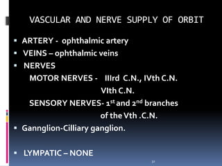 VASCULAR AND NERVE SUPPLY OF ORBIT
 ARTERY - ophthalmic artery
 VEINS – ophthalmic veins
 NERVES
MOTOR NERVES - IIIrd C.N., IVth C.N.
VIth C.N.
SENSORY NERVES- 1st and 2nd branches
of theVth .C.N.
 Gannglion-Cilliary ganglion.
 LYMPATIC – NONE
32
 