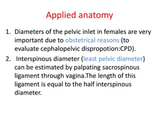 Applied anatomy
1. Diameters of the pelvic inlet in females are very
important due to obstetrical reasons (to
evaluate cephalopelvic dispropotion:CPD).
2. Interspinous diameter (least pelvic diameter)
can be estimated by palpating sacrospinous
ligament through vagina.The length of this
ligament is equal to the half interspinous
diameter.
 