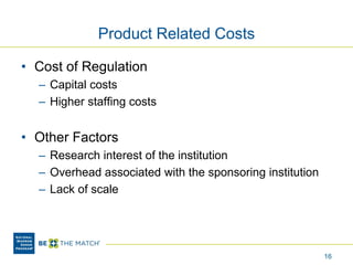 Product Related Costs
• Cost of Regulation
– Capital costs
– Higher staffing costs
• Other Factors
– Research interest of the institution
– Overhead associated with the sponsoring institution
– Lack of scale
16
 