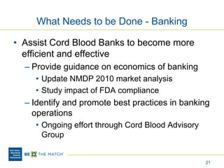 What Needs to be Done - Banking
• Assist Cord Blood Banks to become more
efficient and effective
– Provide guidance on economics of banking
• Update NMDP 2010 market analysis
• Study impact of FDA compliance
– Identify and promote best practices in banking
operations
• Ongoing effort through Cord Blood Advisory
Group
21
 