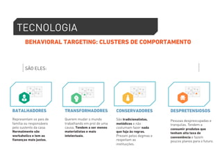 TECNOLOGIA 
BEHAVIORAL TARGETING: CLUSTERS DE COMPORTAMENTO 
SÃO ELES: 
BATALHADORES 
Representam os pais de 
família ou responsáveis 
pelo sustento da casa. 
Normalmente são 
workaholics e tem as 
fiananças mais justas. 
TRANSFORMADORES 
Querem mudar o mundo 
trabalhando em prol de uma 
causa. Tendem a ser menos 
materialistas e mais 
intelectuais. 
CONSERVADORES 
São tradicionalistas, 
metódicos e não 
costumam fazer nada 
que fuja às regras. 
Prezam pelos dogmas e 
respeitam as 
instituições. 
DESPRETENSIOSOS 
Pessoas despreocupadas e 
tranquilas. Tendem a 
consumir produtos que 
tenham alta taxa de 
conveniência e fazem 
poucos planos para o futuro. 
 