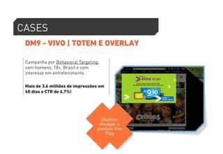 CASES 
DM9 - VIVO | TOTEM E OVERLAY 
Campanha por Behavioral Targeting, 
com homens, 18+, Brasil e com 
interesse em entretenimento. 
Mais de 3,6 milhões de impressões em 
60 dias e CTR de 6,7%! 
Objetivo: 
divulgar o 
produto Vivo 
Play 
 
