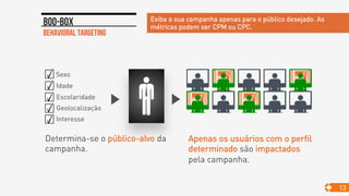 Behavioral targeting
Boo-box
13
Exiba a sua campanha apenas para o público desejado. As
métricas podem ser CPM ou CPC.
Determina-se o público-alvo da
campanha.
Apenas os usuários com o perfil
determinado são impactados
pela campanha.
Sexo
Idade
Escolaridade
Geolocalização
Interesse
 