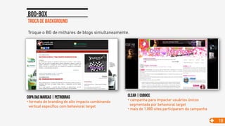 Troca de background
Boo-box
18
Troque o BG de milhares de blogs simultaneamente.
CLEAR | CUBOCC
• campanha para impactar usuários únicos
segmentada por behavioral target
• mais de 1.000 sites participaram da campanha
Copa das marcas | petrobras
• formato de branding de alto impacto combinando
vertical específico com behavioral target
 